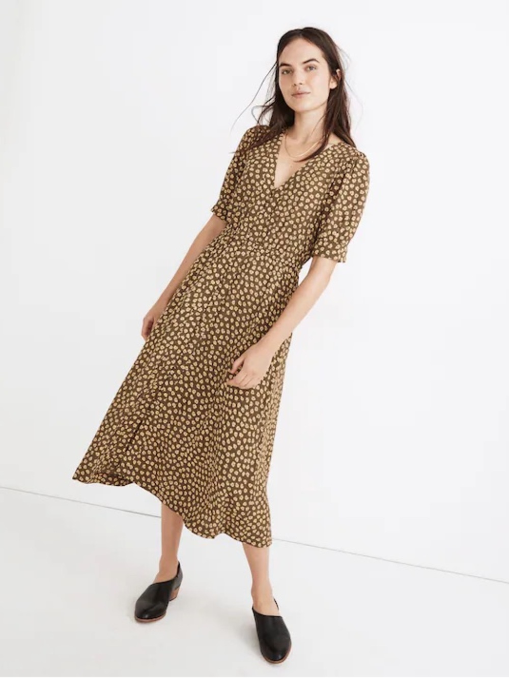 Madwell Button-Cuff Midi Dress in Woodcut Flowers Short Sleeve Olive 14 $148